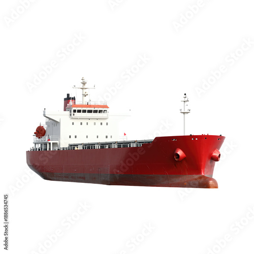 Red and white cargo ship isolated