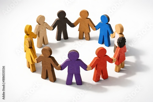 Harmony in Circle: A diverse group of stylized figures stand united in a circle, their hands clasped in a gesture of solidarity, symbolizing togetherness and communal bonds.
