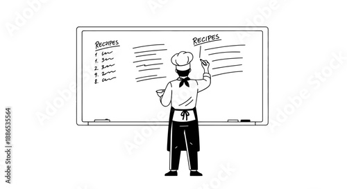 Chef Writing Recipes and Menu on Whiteboard in Kitchen.