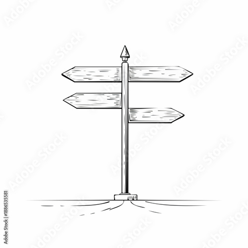 Illustration of a rustic wooden signpost featuring blank directional arrows, symbolizing choices, crossroads, and the concept of making decisions or finding a path