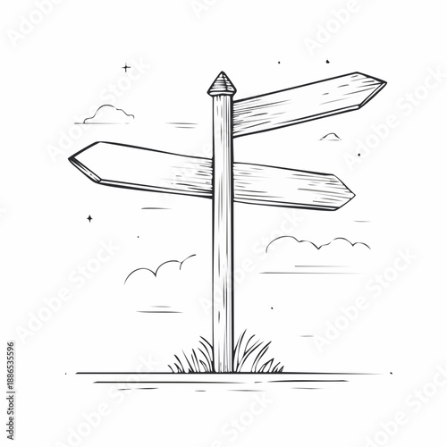 Hand-drawn sketch of a rustic wooden signpost with two blank directional arrows, symbolizing important life choices, future paths, and the essence of making pivotal decisions