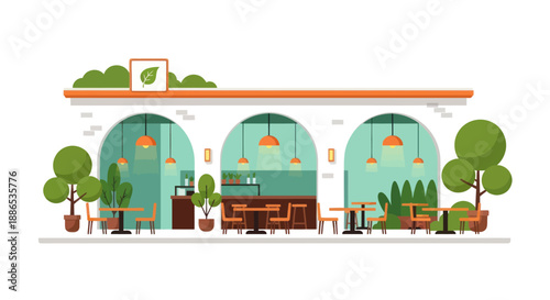 Modern Vegan Cafe Interior with Arched Windows and Greenery.