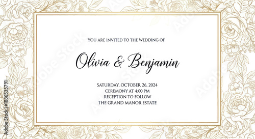 Elegant Wedding Invitation with Floral Border and Text.
