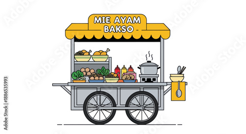Mie Ayam Bakso Food Cart with Yellow Awning and Wheels.