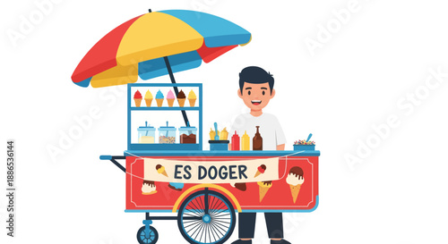 A friendly cartoon vendor selling Indonesian Es Doger from a colorful street food cart with an umbrella.