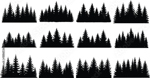 Black silhouette of pine tree forest, coniferous wood landscape, evergreen timberland set, nature background elements, cad drawing flat vector illustration