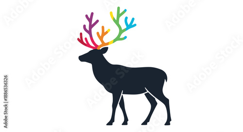 Stylized Deer Silhouette with Vibrant Rainbow Antlers Graphic Design.