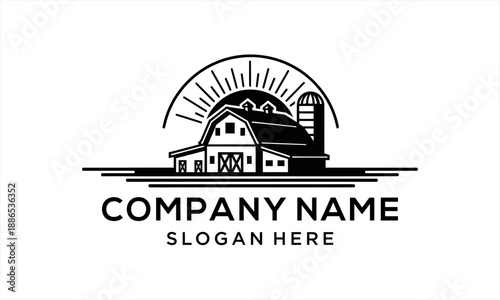 Rustic Farmhouse and Silo with Sunburst Logo Design.