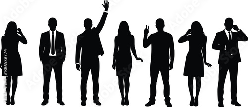 Black silhouette group of professional business people standing in a row, diverse corporate team, office colleagues, cad drawing flat vector illustration