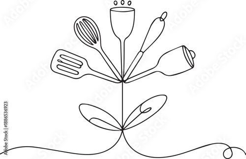 Kitchen utensils arranged in a floral pattern on a clean surface viewed from directly above