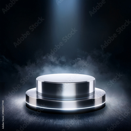 Silver Metallic Podium with Spotlight and Smoke Background for Product Display