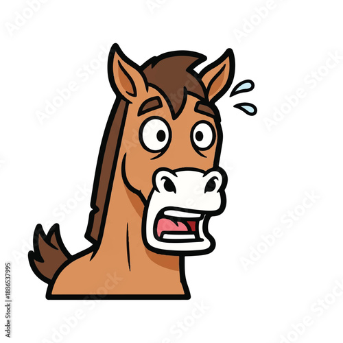 A cartoon horse's shocked face with wide eyes and open mouth, illustrating surprise, from a front viewpoint.