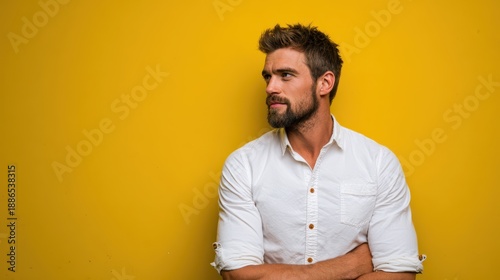 Professional builder with a beard in a plain shirt, yellow studio backdrop, head turned away in a contemplative mood