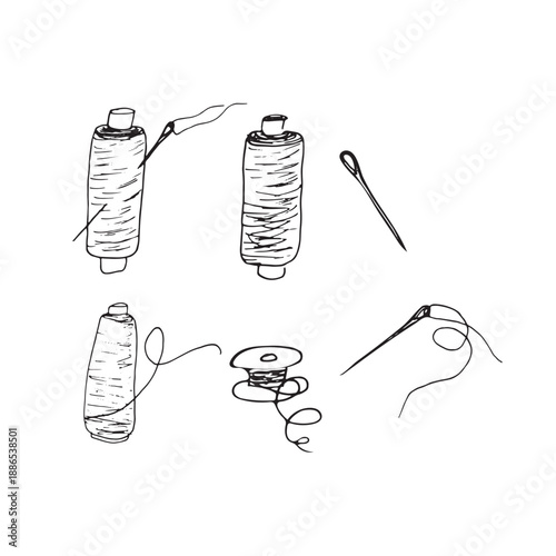 Hand drawn sewing tools set with thread spools and needles
