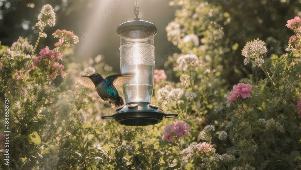 Fototapeta premium Hummingbird at Feeder Amidst Lush Floral Garden.