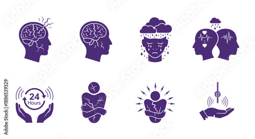 Mental health awareness and support concepts displayed through various illustrative icons