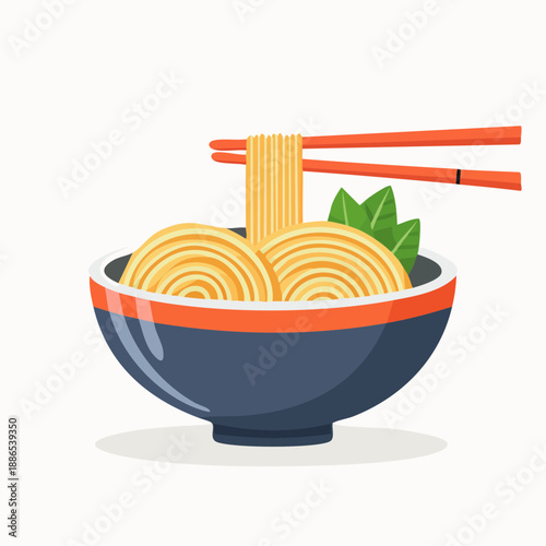 Delicious bowl of ramen noodles with chopsticks, served with fresh green basil leaves, illustration of Japanese cuisine, appetizing food for lunch