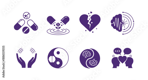 Comprehensive iconography illustrating mental and physical health concepts from care to analytics