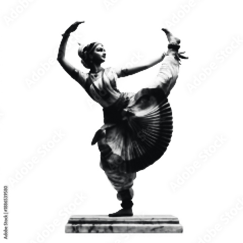 Halftone Dance Pose Art Image Vintage Dot Texture Effect for Graphic Design, Poster, Illustration, Black and White, Ballet Performance, Abstract Composition