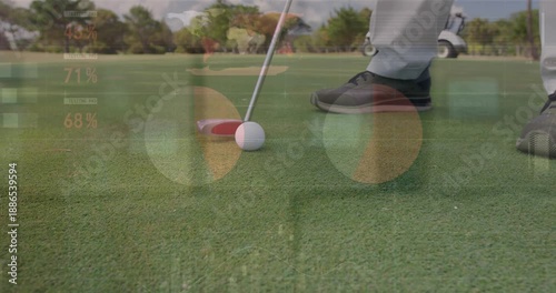 Animation of statistics and data processing over legs of male golf player with golf club and ball
