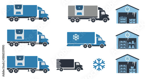 Collection of refrigerated trucks and cold storage warehouse flat vector icons for logistics.