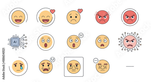 Collection of Various Cartoon Emoji Faces with Different Expressions.