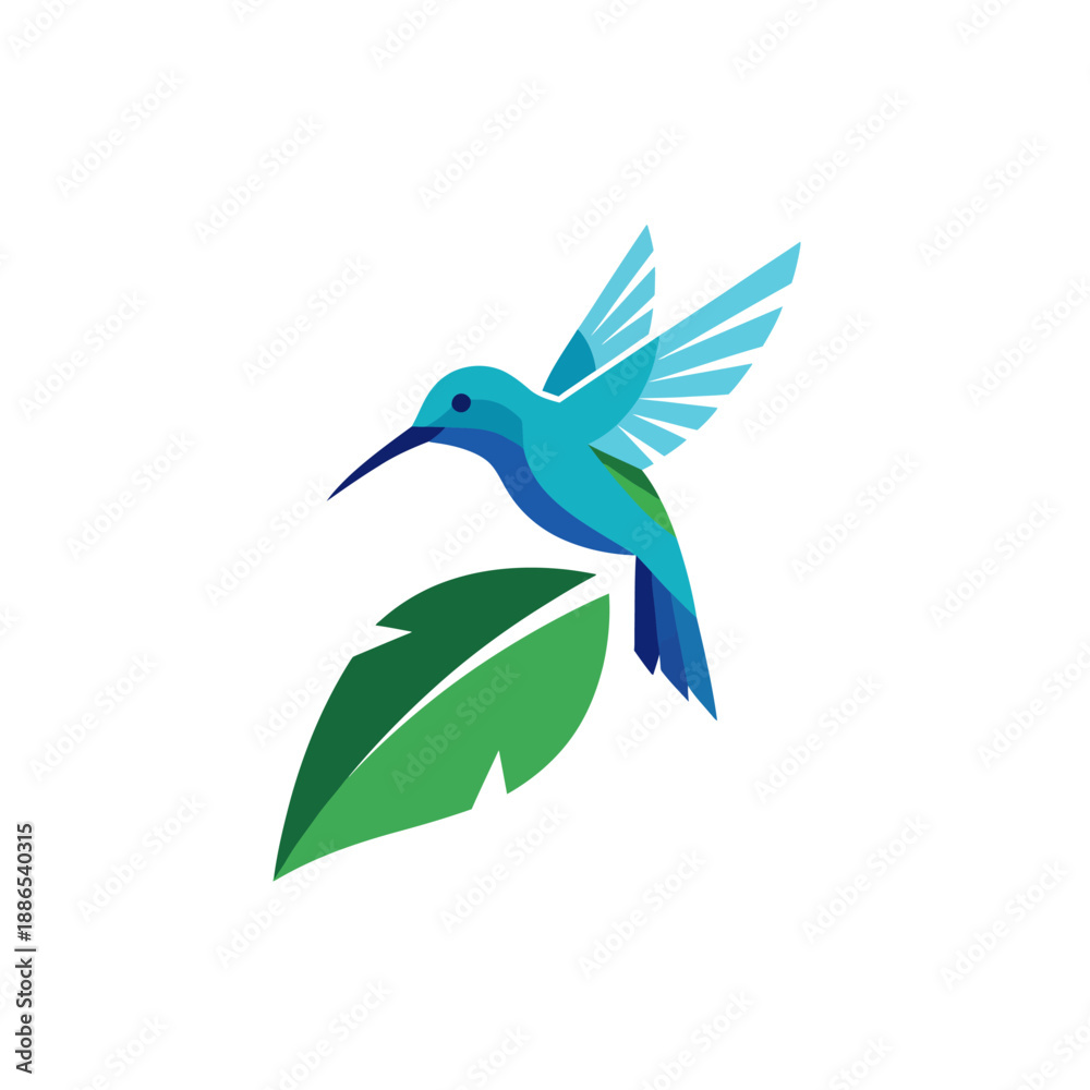 Naklejka premium Stylized blue hummingbird hovering above a green tropical leaf