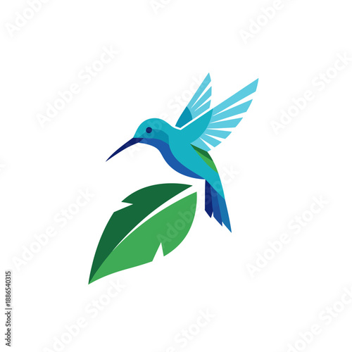Stylized blue hummingbird hovering above a green tropical leaf