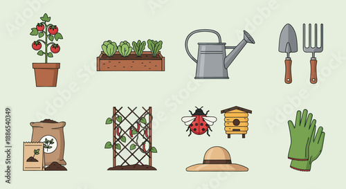 Assortment of Garden Tools and Plants for Cultivation.