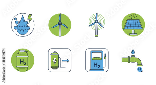 Green Renewable Energy and Hydrogen Fuel Icons Set: Wind Solar Water and H2 Power.