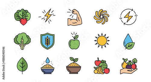 Collection of Healthy Food and Energy Icons.