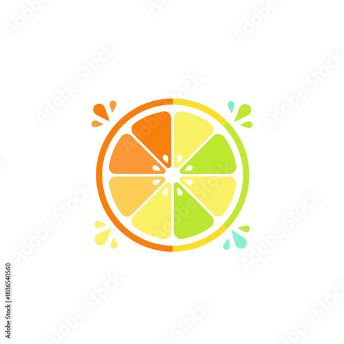 Stylized citrus slice logo with colorful segments and juice splashes
