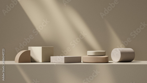 Minimal still life composition with geometric podium forms, soft studio lighting, and neutral tones. Suitable for product presentation, branding layouts, cosmetic displays.