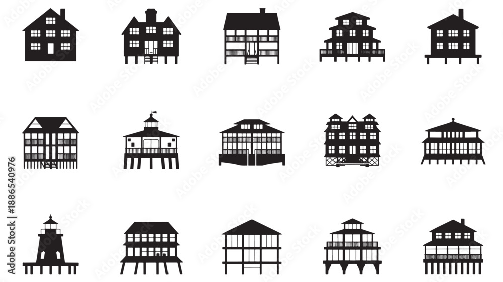 Fototapeta premium Collection of diverse architectural building silhouettes displayed in a grid formation