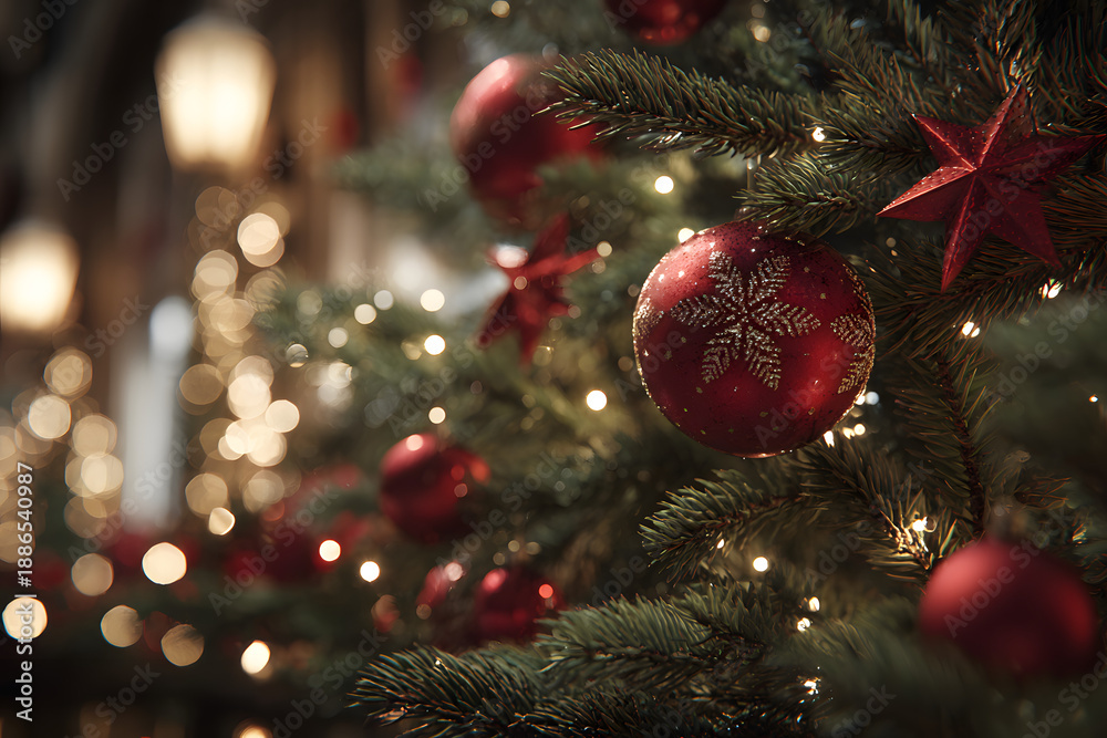 custom made wallpaper toronto digitalDekorasi Pohon Natal dengan Ornamen Merah dan Lampu Hangat