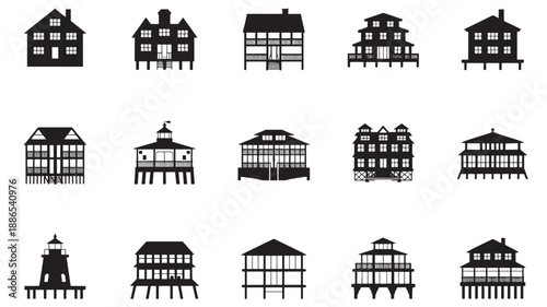 Collection of diverse architectural building silhouettes displayed in a grid formation