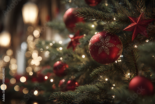 Wallpaper Mural Dekorasi Pohon Natal dengan Ornamen Merah dan Lampu Hangat Torontodigital.ca