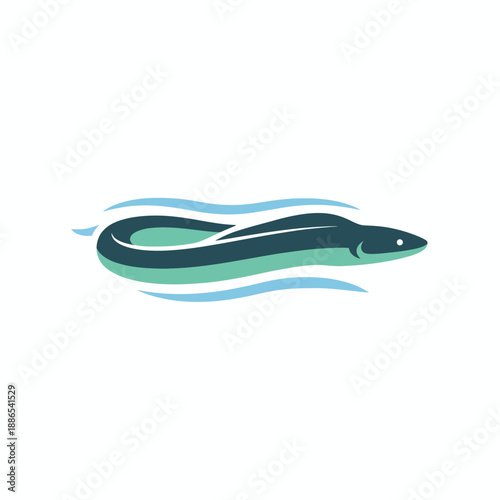 Stylized graphic of an eel swimming between two wave lines