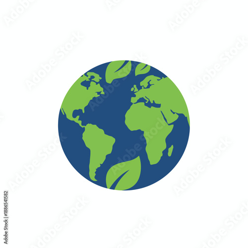 Stylized graphic of Earth with green continents and three leaves on a white background