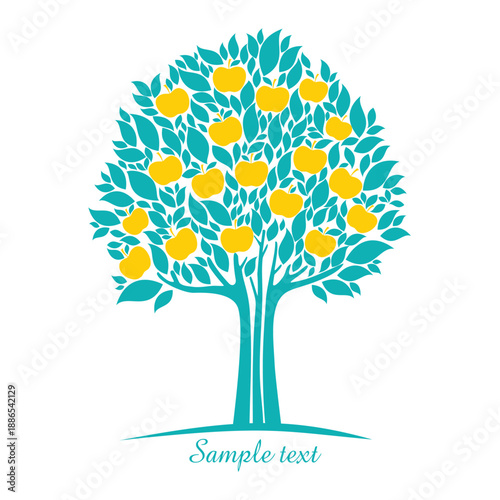 Apple tree. Apple tree with yellow apple, leaf isolated on white background. Design Elements. Vector illustration