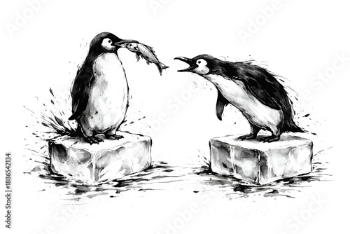 Hungry Penguins Competing for Fish on Floating Ice Cubes