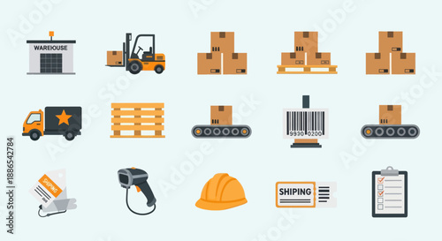 A collection of flat design icons representing logistics warehousing shipping and delivery services.