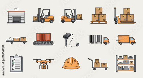 Colorful Logistics and Warehouse Operations Icon Set: Shipping Delivery Inventory Management.