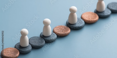 Wooden Pawns on Textured Circular Bases Arranged in a Diagonal Line Across a Blue Textured Surface