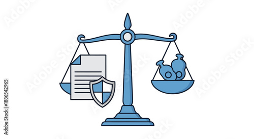 Blue Scales of Justice Balancing Document and Shield with Weights.