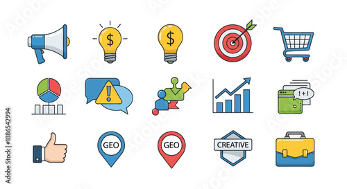 Business and Marketing Icon Set: Colorful Vector Illustrations for Strategy and Growth.