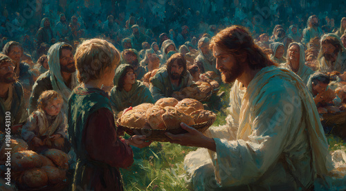 Biblical lad helping Jesus by providing five barley loaves and two small fish. Miracle of the feeding of the five thousand with the crowd seated on the grass background.