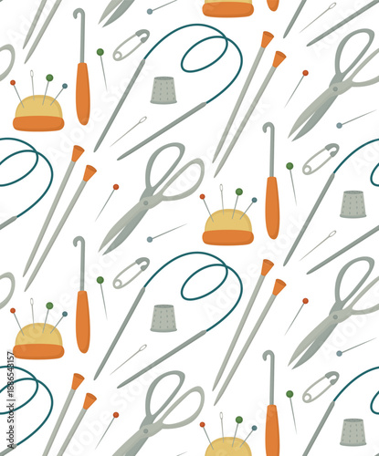 Seamless pattern with knitting needles, crochet hook, pincushion, needles, pins, scissors and thimble. Decorative background with handicraft tools