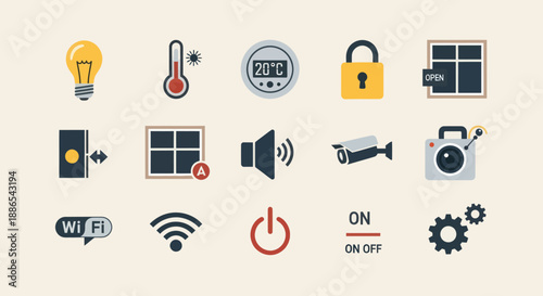 Colorful flat design icon set for smart home control automation and security systems.