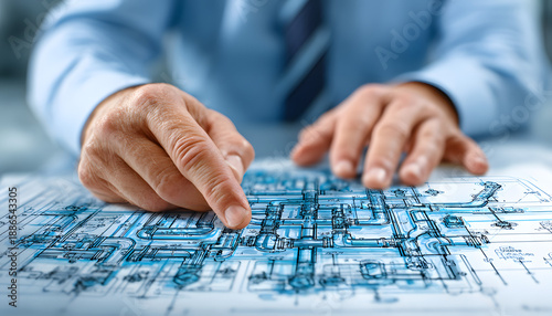 Wallpaper Mural Finger points to HVAC duct system detail on architectural floor plan blueprint. Engineer reviews building ventilation layout. Planning HVAC installation in residential or commercial structure. Torontodigital.ca